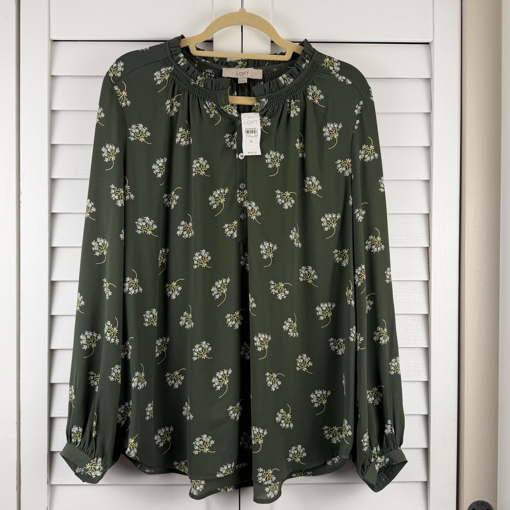 LOFT Blouse XL Green Floral Smocked Ruffle Neck Long Sleeve NEW - Picture 15 of 15